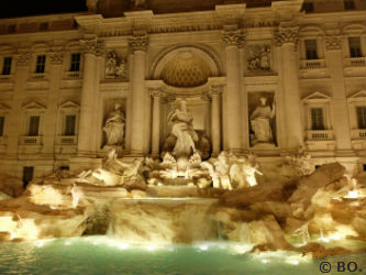 Ceci est une photo de la fontaine de Trévi de nuit (Rome).